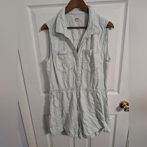 Pact Womens Romper Blue Jumpsiot Shorts Button Collar Size Large Denim